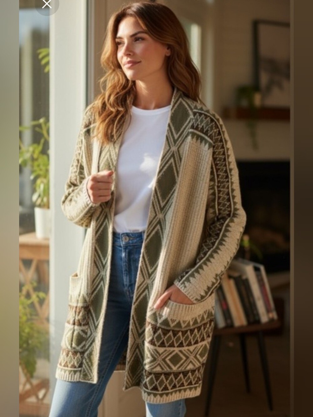 Lucky Brand Beige and Brown Geometric Open-Front Cardigan, S, Boho, NWT